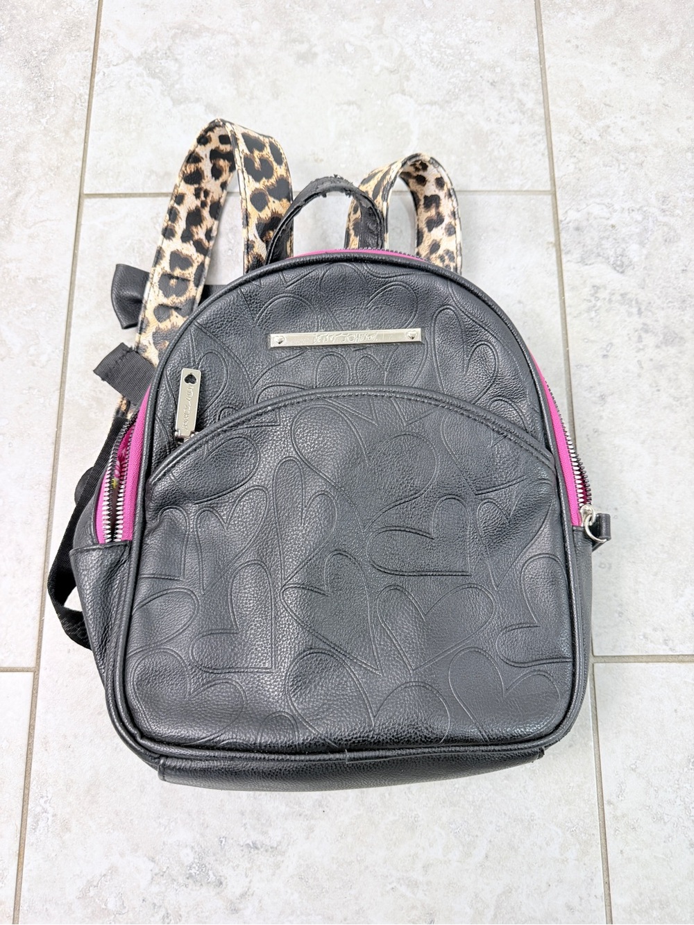 Betsey Johnson Mini Backpack Black Heart Embossed Leopard Straps